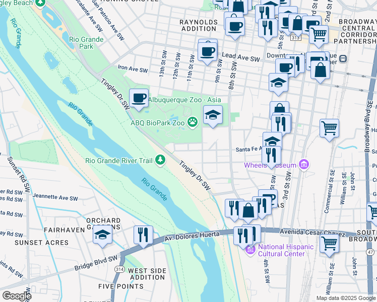map of restaurants, bars, coffee shops, grocery stores, and more near 1023 11th Street Southwest in Albuquerque