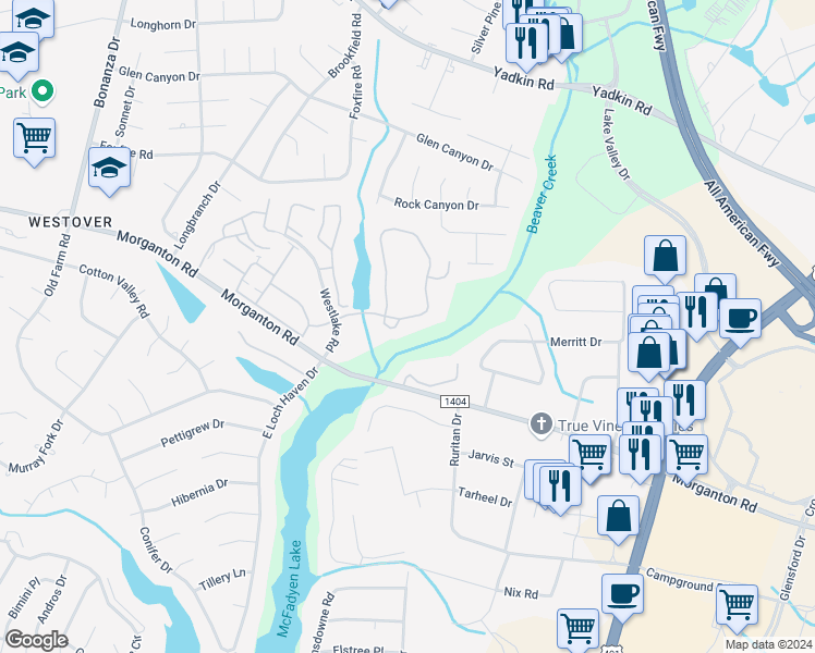 map of restaurants, bars, coffee shops, grocery stores, and more near 341 Waterdown Drive in Fayetteville