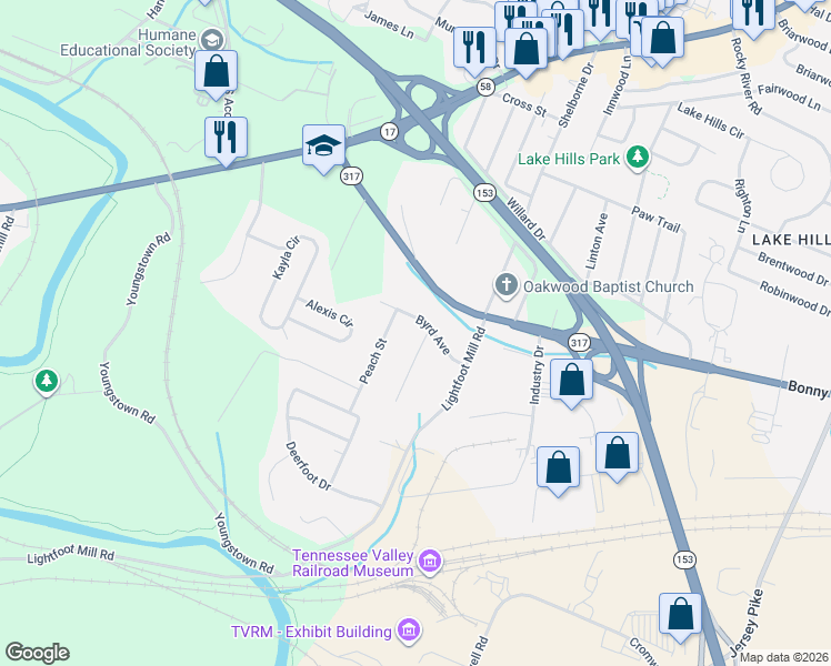 map of restaurants, bars, coffee shops, grocery stores, and more near 4425 Byrd Avenue in Chattanooga