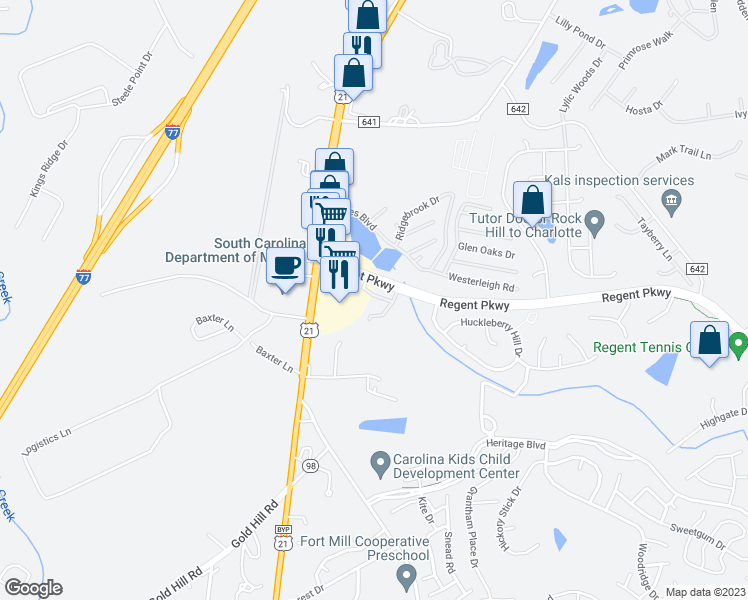map of restaurants, bars, coffee shops, grocery stores, and more near 221 Township Drive in Fort Mill