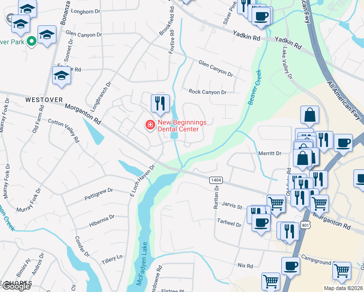 map of restaurants, bars, coffee shops, grocery stores, and more near 357 Waterdown Drive in Fayetteville