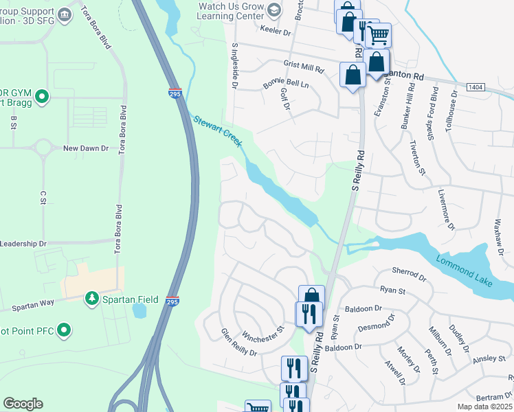 map of restaurants, bars, coffee shops, grocery stores, and more near 6772 Willowbrook Drive in Fayetteville
