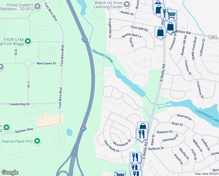 map of restaurants, bars, coffee shops, grocery stores, and more near 6801 Willowbrook Drive in Fayetteville