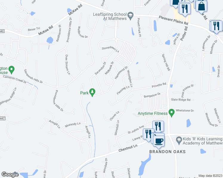 map of restaurants, bars, coffee shops, grocery stores, and more near 1617 Hammond Drive in Matthews