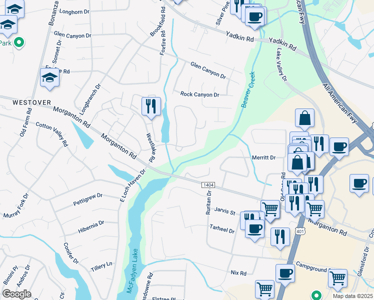 map of restaurants, bars, coffee shops, grocery stores, and more near 341 Waterdown Drive in Fayetteville