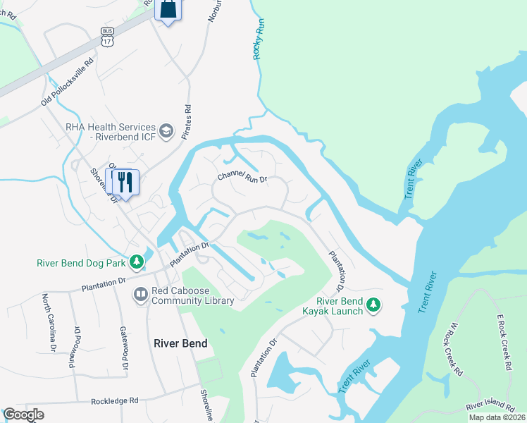 map of restaurants, bars, coffee shops, grocery stores, and more near 807 Plantation Drive in New Bern