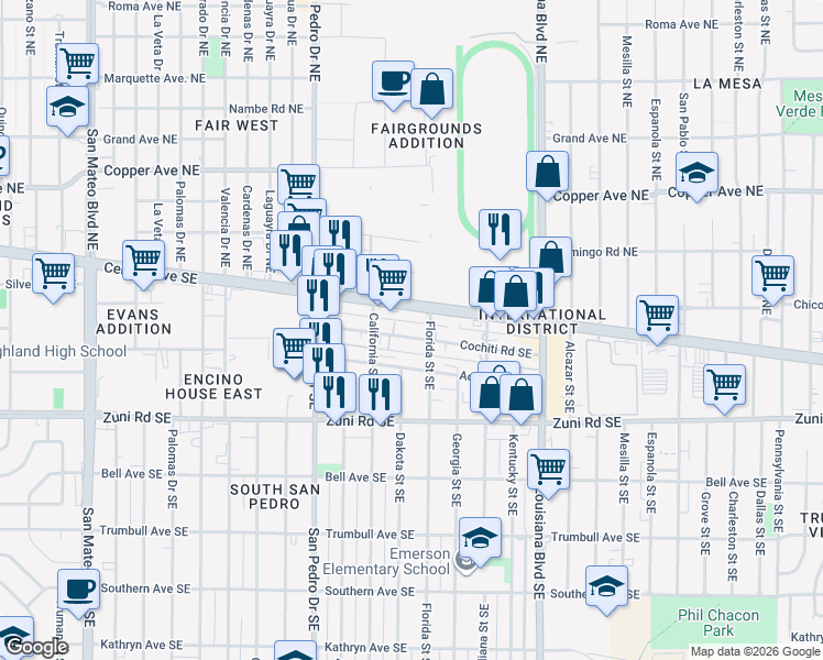 map of restaurants, bars, coffee shops, grocery stores, and more near 6610 Central Avenue Southeast in Albuquerque