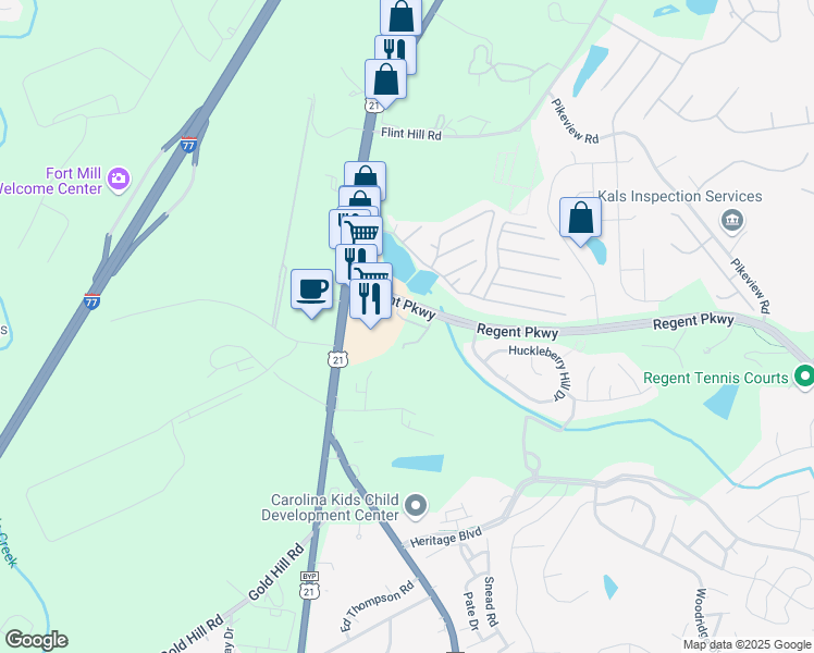 map of restaurants, bars, coffee shops, grocery stores, and more near 223 Township Drive in Fort Mill