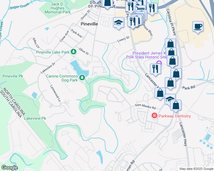 map of restaurants, bars, coffee shops, grocery stores, and more near 10546 Stoneacre Court in Pineville