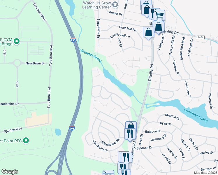 map of restaurants, bars, coffee shops, grocery stores, and more near 6768 Willowbrook Drive in Fayetteville
