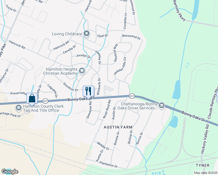 map of restaurants, bars, coffee shops, grocery stores, and more near 6375 Bonny Oaks Drive in Chattanooga
