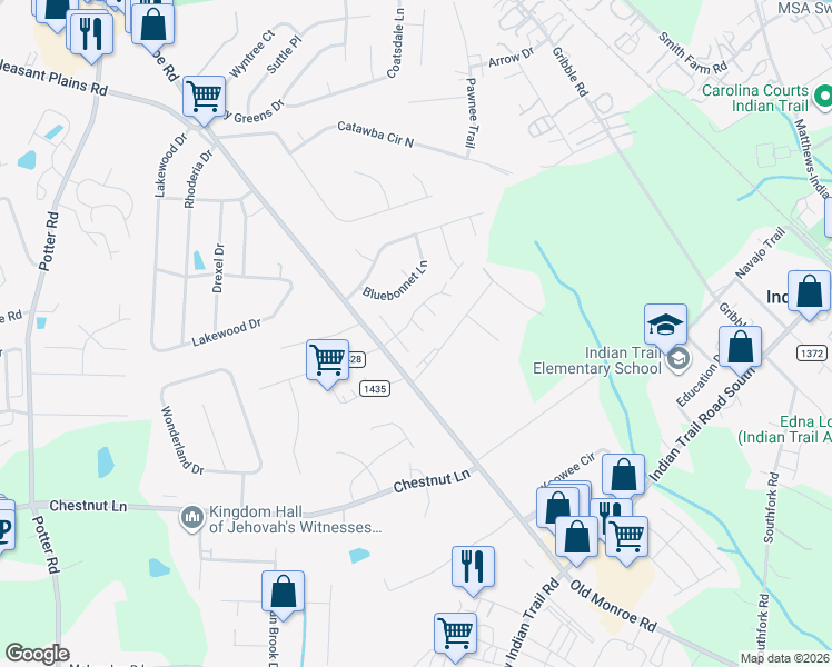 map of restaurants, bars, coffee shops, grocery stores, and more near 219 Park Meadows Drive in Stallings