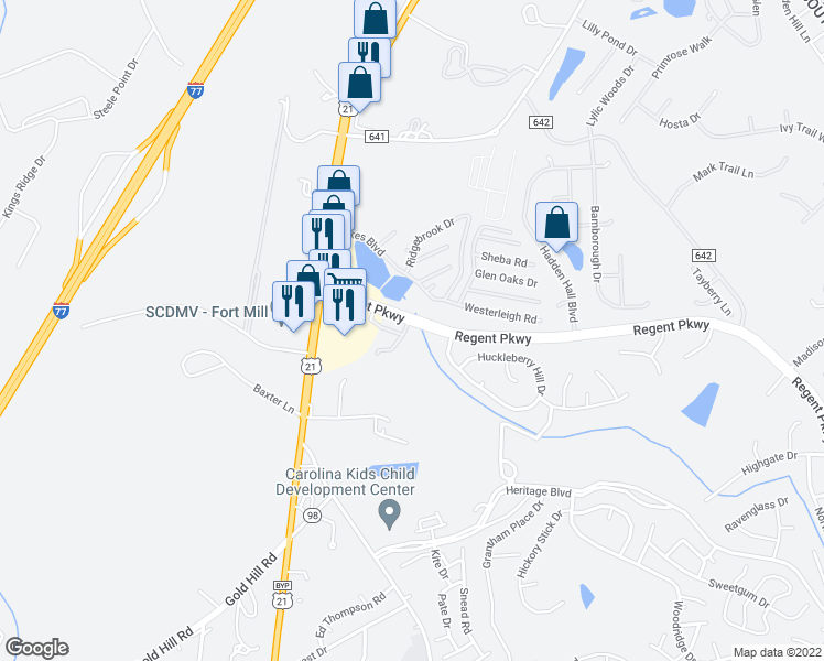 map of restaurants, bars, coffee shops, grocery stores, and more near 109 Charterhouse Lane in Fort Mill