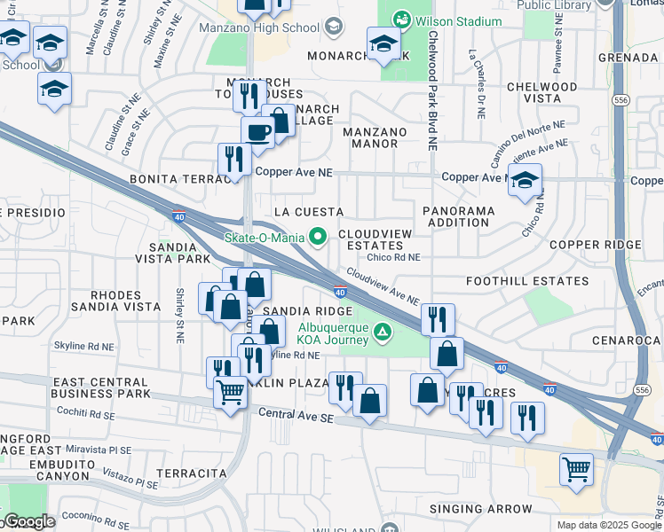 map of restaurants, bars, coffee shops, grocery stores, and more near 404 Zena Lona Street Northeast in Albuquerque