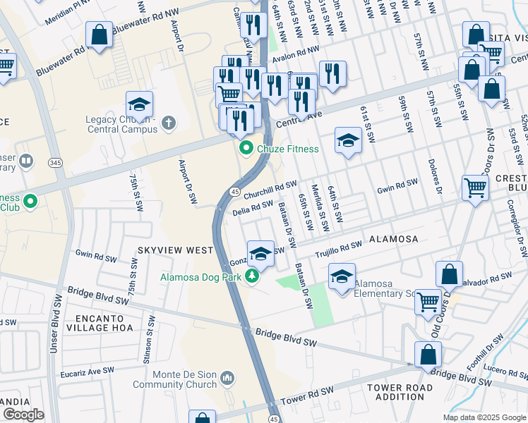 map of restaurants, bars, coffee shops, grocery stores, and more near 99999 Delia Road Southwest in Albuquerque