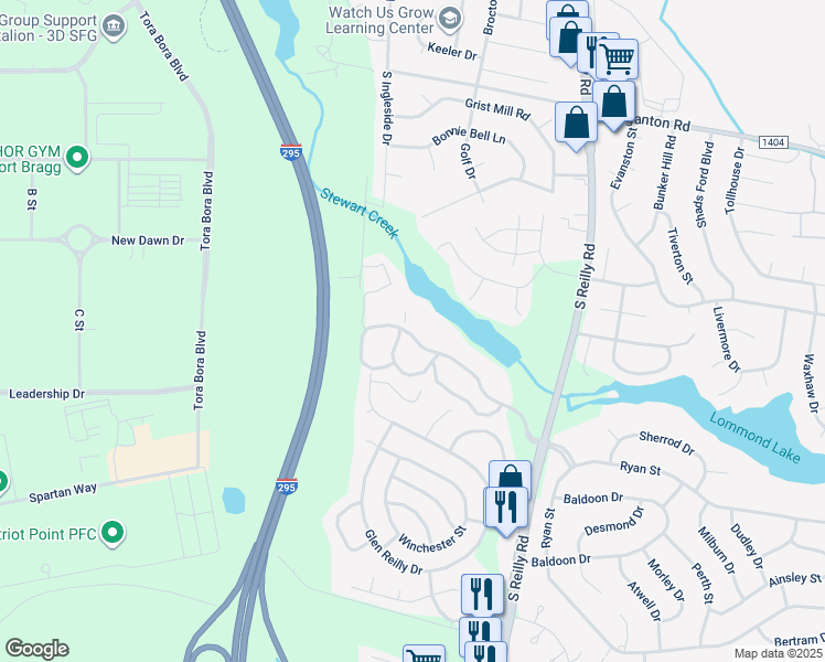 map of restaurants, bars, coffee shops, grocery stores, and more near 6772 Willowbrook Drive in Fayetteville