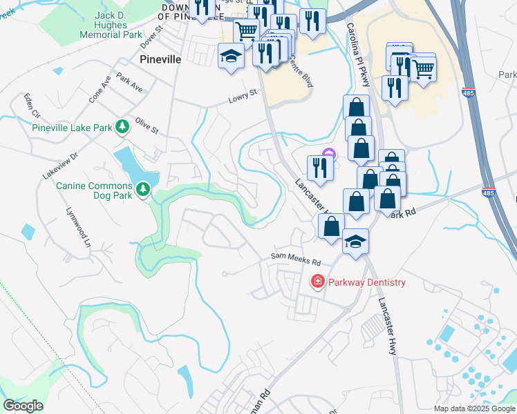 map of restaurants, bars, coffee shops, grocery stores, and more near 12815 Meadow Creek Lane in Pineville