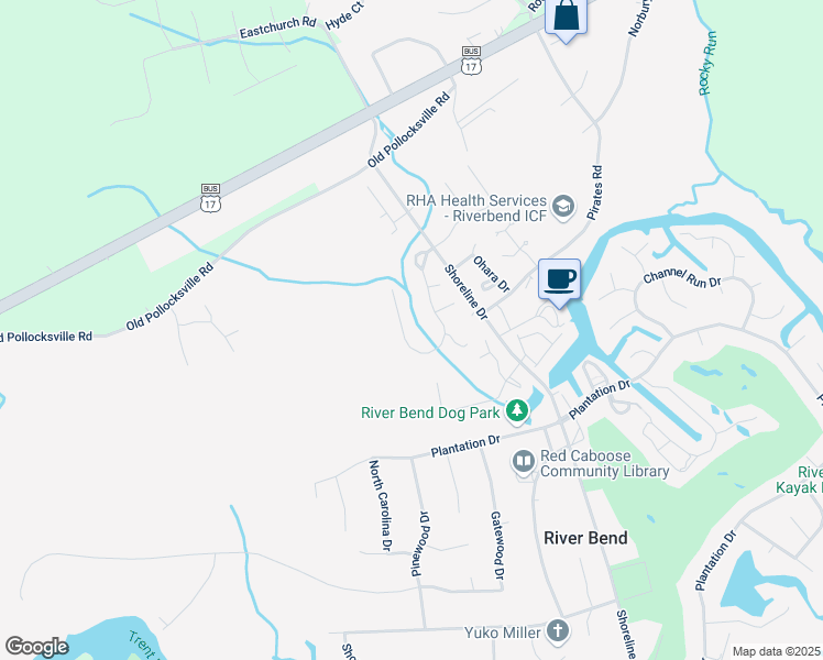 map of restaurants, bars, coffee shops, grocery stores, and more near 317-319 Lakemere Drive in New Bern