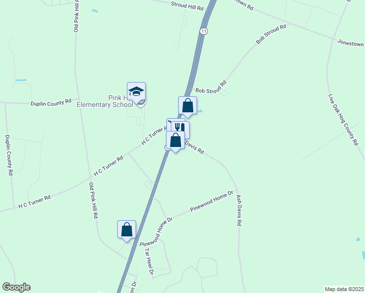 map of restaurants, bars, coffee shops, grocery stores, and more near 5909 North Carolina 11 South in Pink Hill