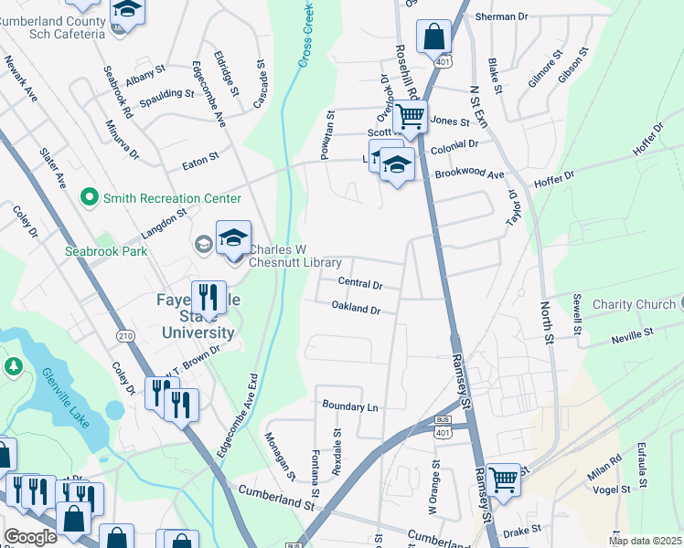 map of restaurants, bars, coffee shops, grocery stores, and more near 221 Hawthorne Road in Fayetteville