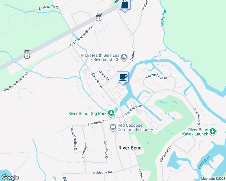 map of restaurants, bars, coffee shops, grocery stores, and more near 14 Pier Pointe in New Bern