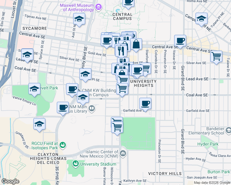 map of restaurants, bars, coffee shops, grocery stores, and more near 2129 Coal Avenue Southeast in Albuquerque