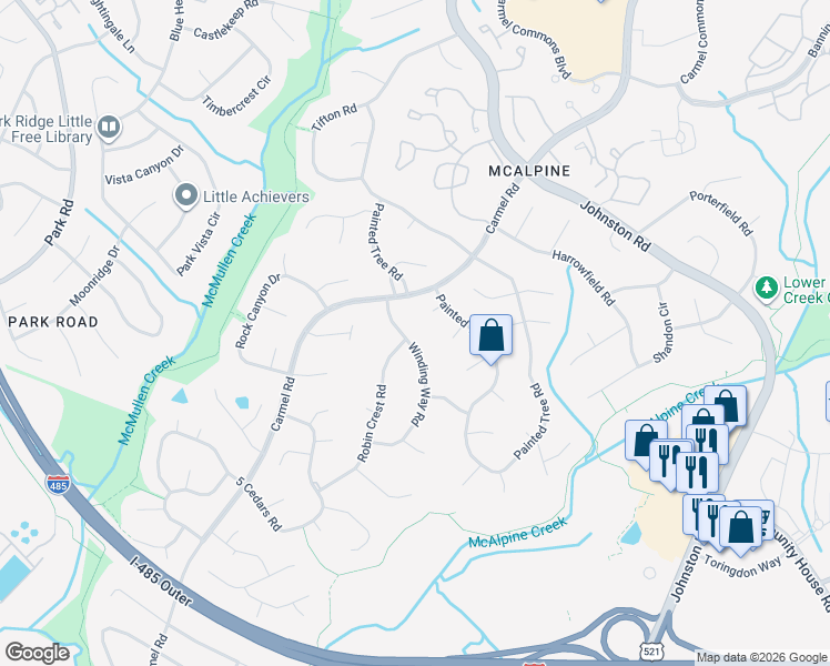 map of restaurants, bars, coffee shops, grocery stores, and more near 11201 Winding Way Road in Charlotte