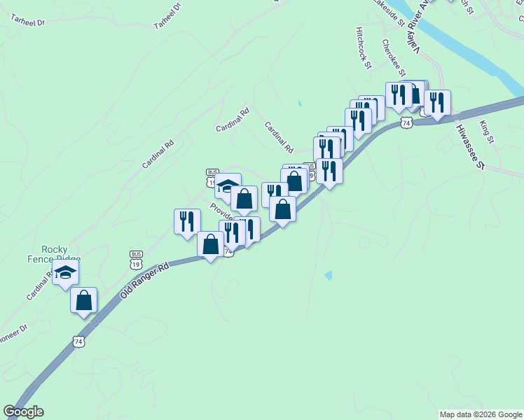 map of restaurants, bars, coffee shops, grocery stores, and more near 130 Holiday Dr in Murphy