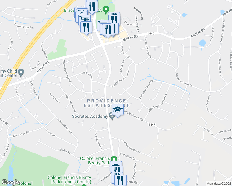 map of restaurants, bars, coffee shops, grocery stores, and more near 3635 Darlington Road in Matthews