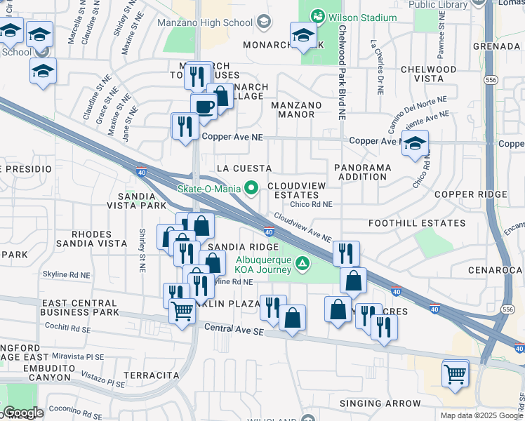 map of restaurants, bars, coffee shops, grocery stores, and more near 404 Zena Lona Street Northeast in Albuquerque