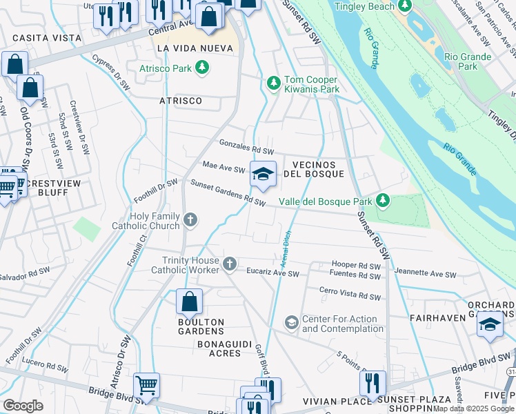 map of restaurants, bars, coffee shops, grocery stores, and more near 1722 Sunset Gardens Road Southwest in Albuquerque