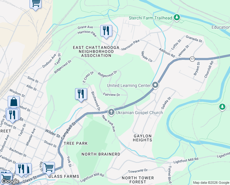 map of restaurants, bars, coffee shops, grocery stores, and more near 2803 Fairview Drive in Chattanooga