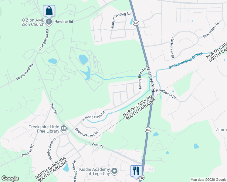 map of restaurants, bars, coffee shops, grocery stores, and more near 12428 Caracara Court in Charlotte