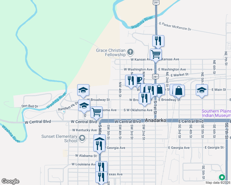 map of restaurants, bars, coffee shops, grocery stores, and more near 119 Northwest 4th Street in Anadarko