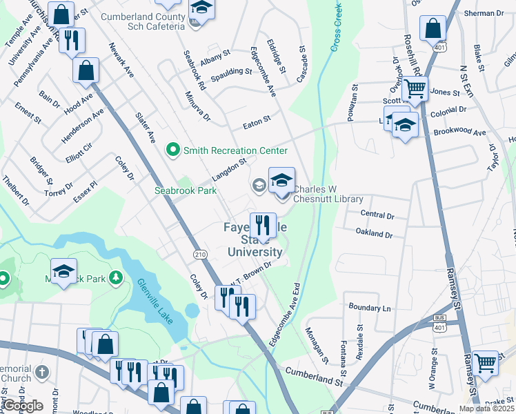map of restaurants, bars, coffee shops, grocery stores, and more near 1200 Murchison Road in Fayetteville