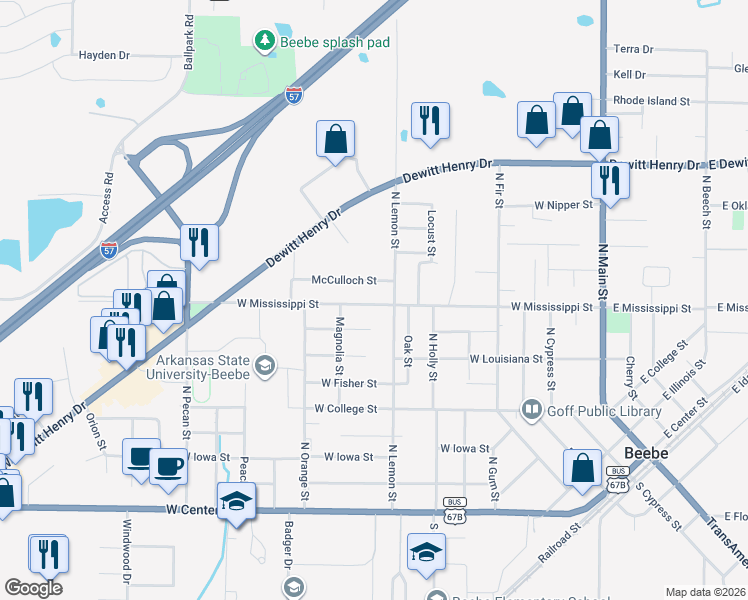 map of restaurants, bars, coffee shops, grocery stores, and more near 708 West Mississippi Street in Beebe