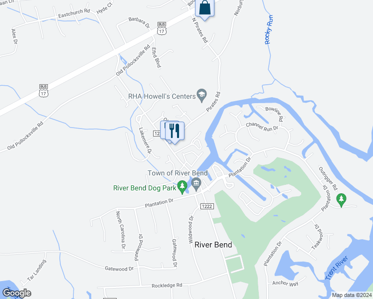 map of restaurants, bars, coffee shops, grocery stores, and more near 15 Pier Pointe in New Bern