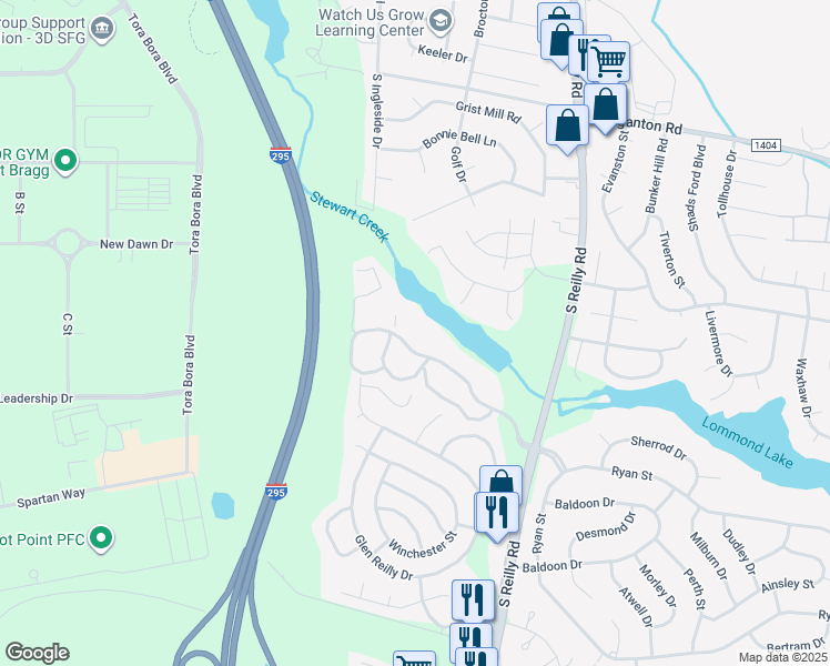 map of restaurants, bars, coffee shops, grocery stores, and more near 6772 Willowbrook Drive in Fayetteville