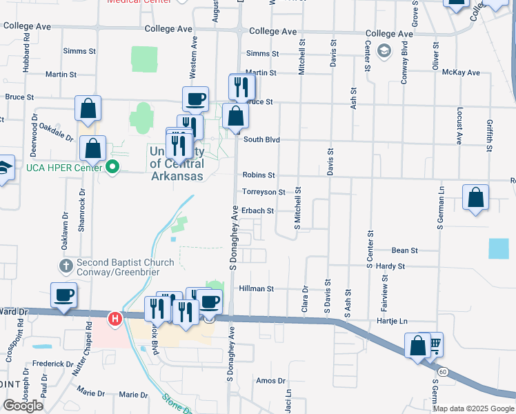 map of restaurants, bars, coffee shops, grocery stores, and more near 1968 Erbach Street in Conway