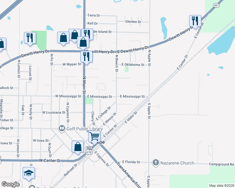 map of restaurants, bars, coffee shops, grocery stores, and more near 606 North Beech Street in Beebe