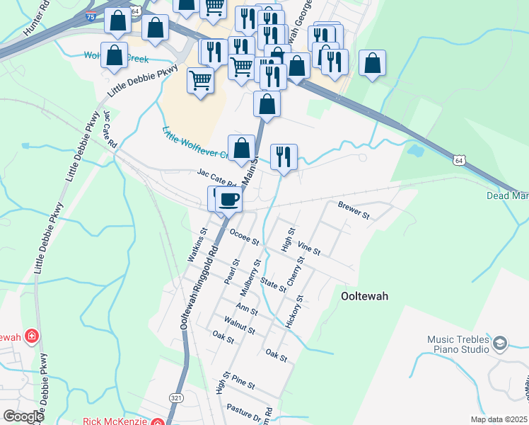 map of restaurants, bars, coffee shops, grocery stores, and more near 9460 Factory Street in Ooltewah