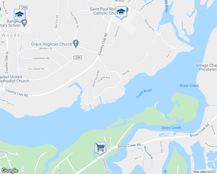 map of restaurants, bars, coffee shops, grocery stores, and more near 124A Trent Shores Drive in Trent Woods