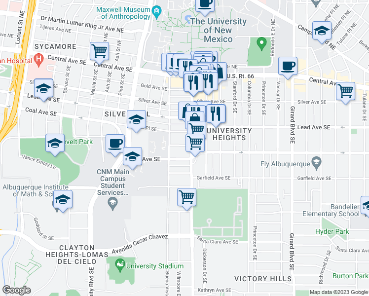 map of restaurants, bars, coffee shops, grocery stores, and more near 2128 Oxford Avenue Southeast in Albuquerque