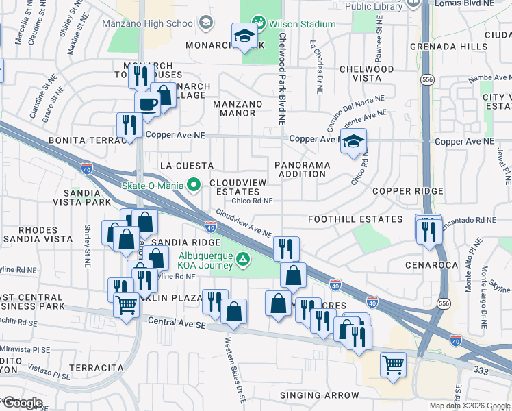 map of restaurants, bars, coffee shops, grocery stores, and more near 12604 Chico Road Northeast in Albuquerque