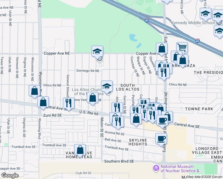 map of restaurants, bars, coffee shops, grocery stores, and more near 241 Erbbe Street Northeast in Albuquerque