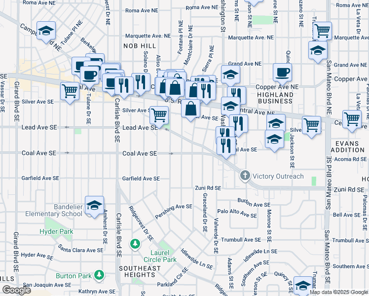 map of restaurants, bars, coffee shops, grocery stores, and more near 306 Montclaire Drive Southeast in Albuquerque