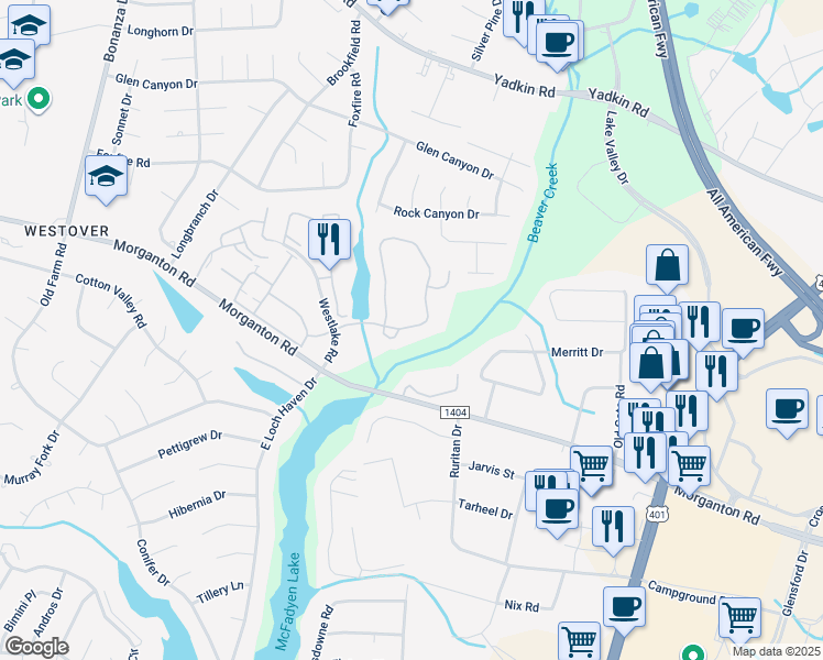 map of restaurants, bars, coffee shops, grocery stores, and more near 334 Waterdown Drive in Fayetteville