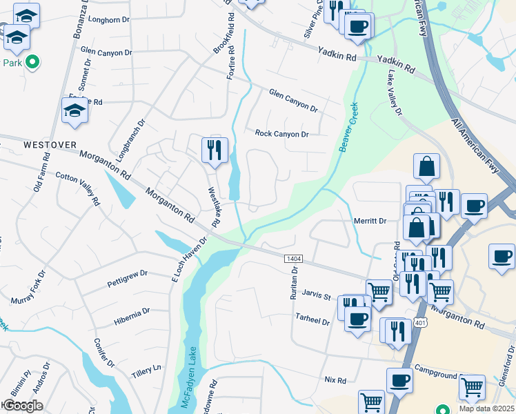 map of restaurants, bars, coffee shops, grocery stores, and more near 357 Waterdown Drive in Fayetteville