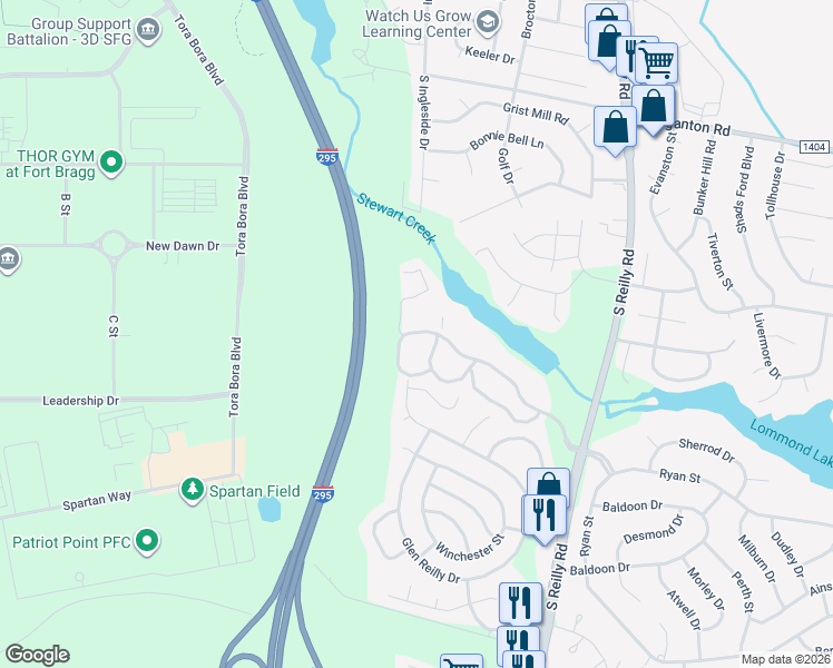 map of restaurants, bars, coffee shops, grocery stores, and more near 6804 Willowbrook Drive in Fayetteville