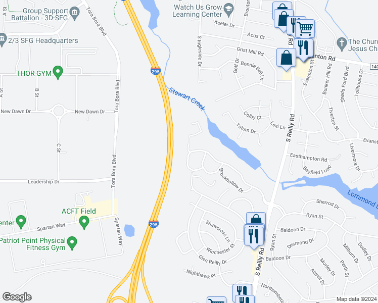 map of restaurants, bars, coffee shops, grocery stores, and more near 6804 Willowbrook Drive in Fayetteville